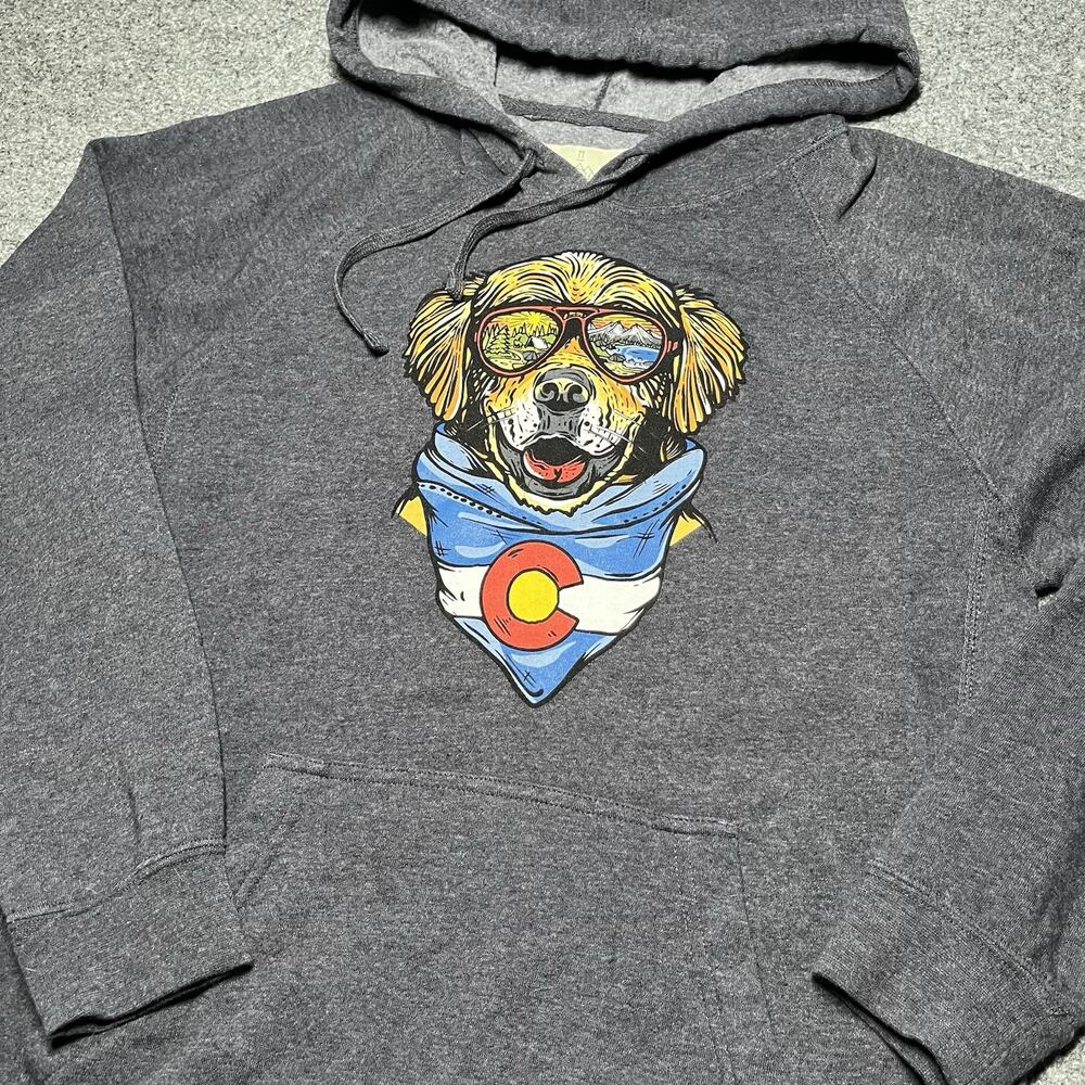 Wild Tribute Hoodie Mens Medium Gray Pullover Colorado Dog Flag Fleece USA